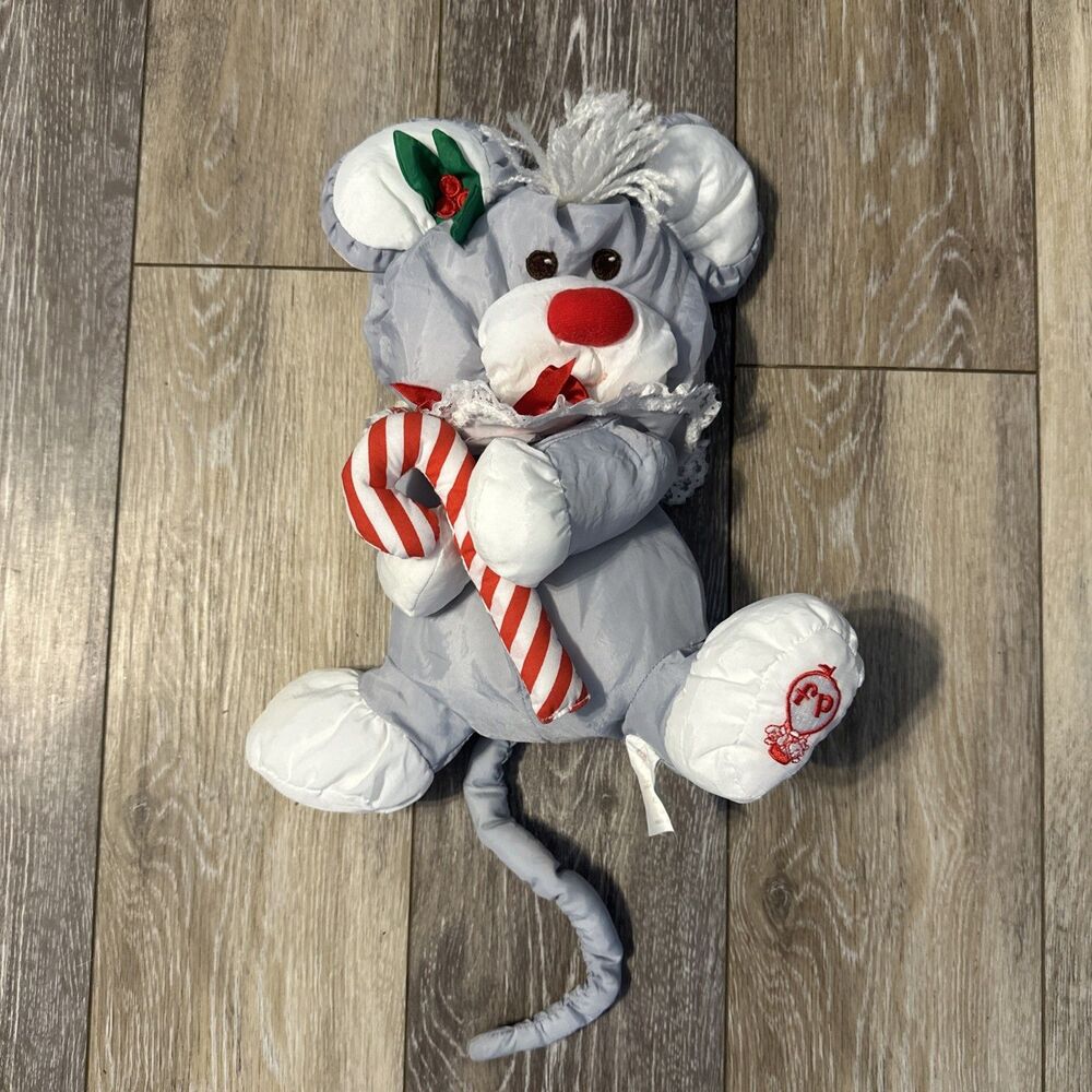 Vintage Fisher-Price Puffalump Gray Christmas Mouse Nylon Plush 1987 EUC